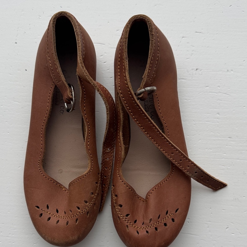 Girls Tan Leather Flats with Strap